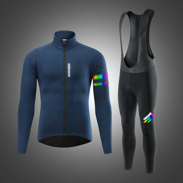 Combinaison de cyclisme d'hiver en plein air coupe-vent et protection contre le froid coupe ajustée chaude doublée en polaire réfléchissante haut pantalon à bretelles